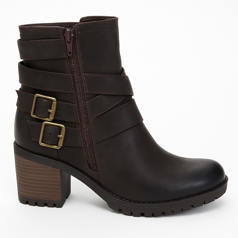 White Mountain‎ Bugler Boot 7M Brown Black Burnish vegan Leather Buckle zip